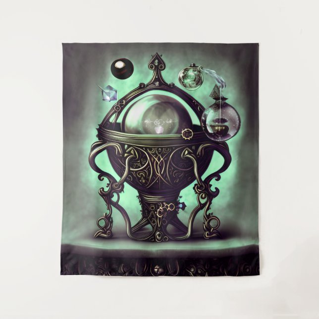 Ornate Cauldron with Green Crystal Ball and Orbs Tapestry (Front)