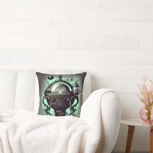 Ornate Cauldron with Green Crystal Ball and Orbs Throw Pillow