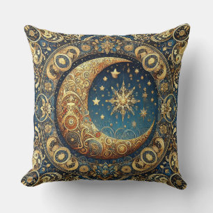 Ornate Celestial Pattern Featuring Crescent Moon Throw Pillow