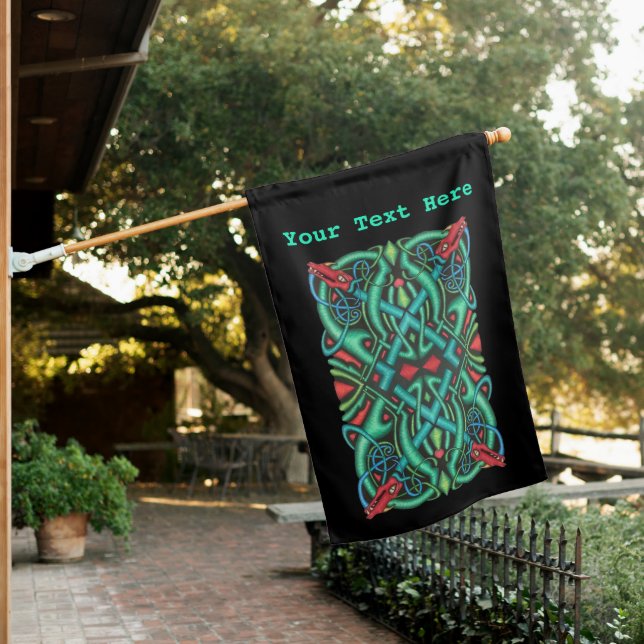 Ornate Celtic Knot Design Red Dragon Heads Black House Flag (In SItu)