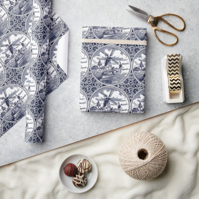 Ornate Chic Antique Dutch Delft Blue Art Windmill Wrapping Paper (Crafts)