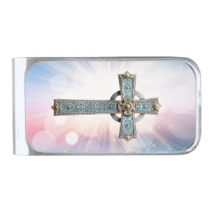 Ornate Chriistian Cross  Silver Finish Money Clip