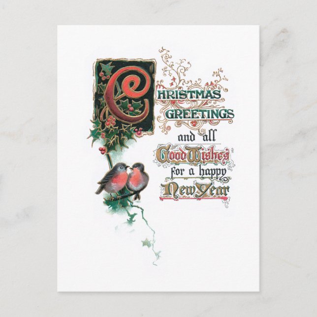 Ornate Christmas Greetings with Robins & Ivy Postcard (Front)