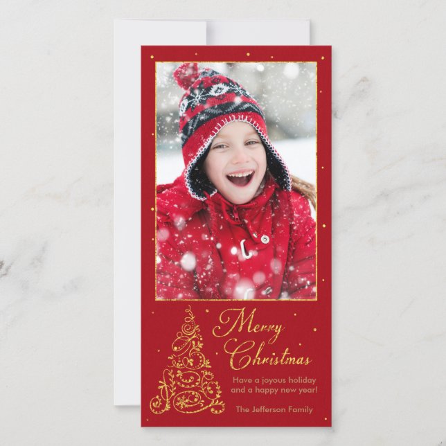 Ornate Christmas Tree Gold Holiday Card (Front)