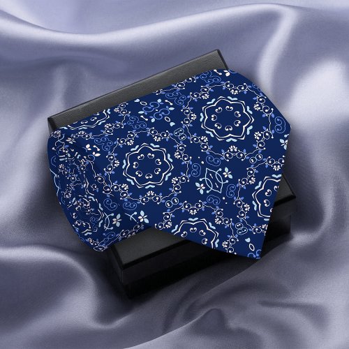 Ornate Classic Blue  White Mediterranean Azulejo Neck Tie