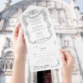 Ornate Classic French Rose Garland Wedding All In One Invitation