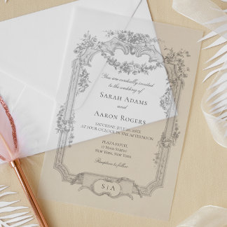 Ornate Classic French Rose Garland Wedding Vellum Invitations