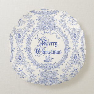 Ornate Classic Vintage Merry Christmas Blue Toile Round Pillow
