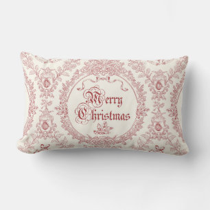 Ornate Classic Vintage Merry Christmas Red Toile Lumbar Pillow