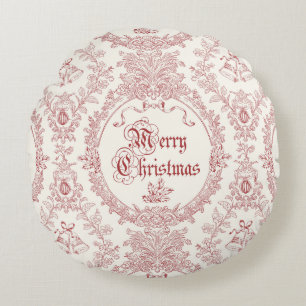 Ornate Classic Vintage Merry Christmas Red Toile Round Pillow