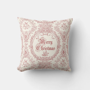 Ornate Classic Vintage Merry Christmas Red Toile Throw Pillow