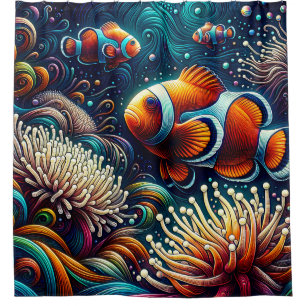 “Ornate Clownfish Coral Reef Art” Shower Curtain