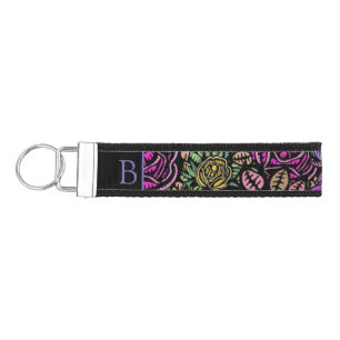 Ornate Colorful Floral Pattern Monogram Wrist Keychain