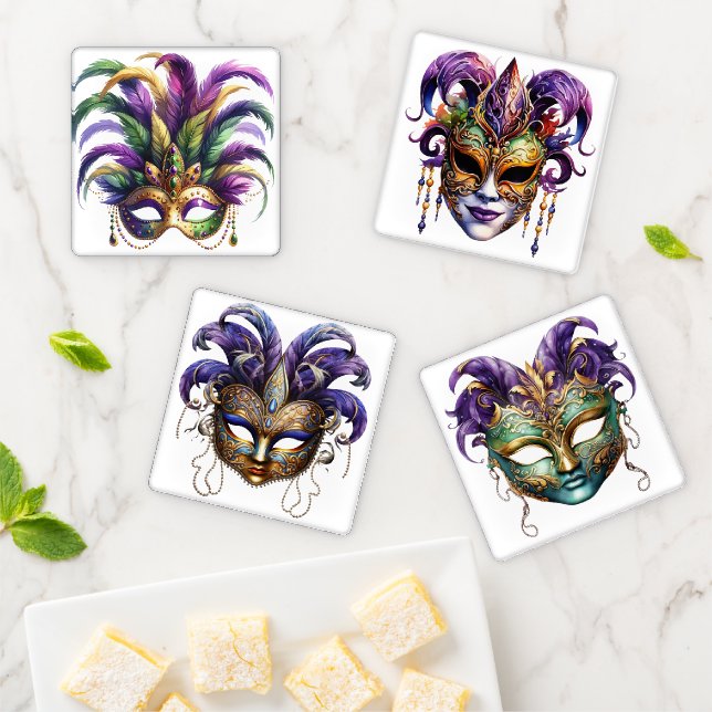 ORNATE COLORFUL MARDI GRAS MASKS COASTER SET (In Situ)