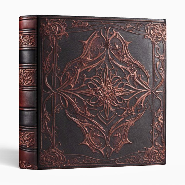 Ornate Copper Leaf Tooled Black Leather 3 Ring Binder (Front/Spine)