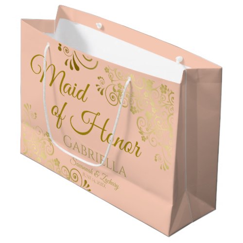Ornate Coral Peach  Gold Maid of Honor Wedding Large Gift Bag