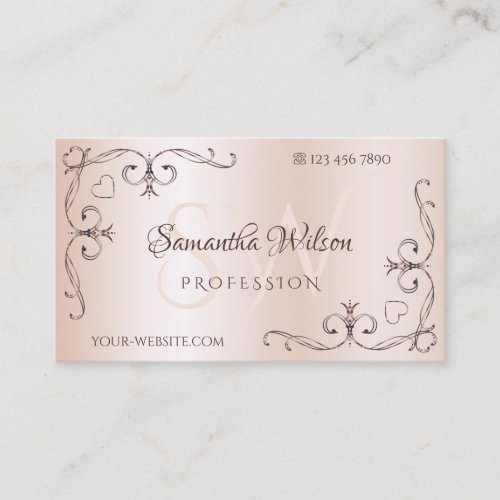 Ornate Corner Initials Shimmery Rose Pastel Pink Business Card