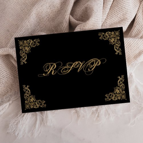 Ornate Corners Black Gold Vintage Wedding RSVP Card
