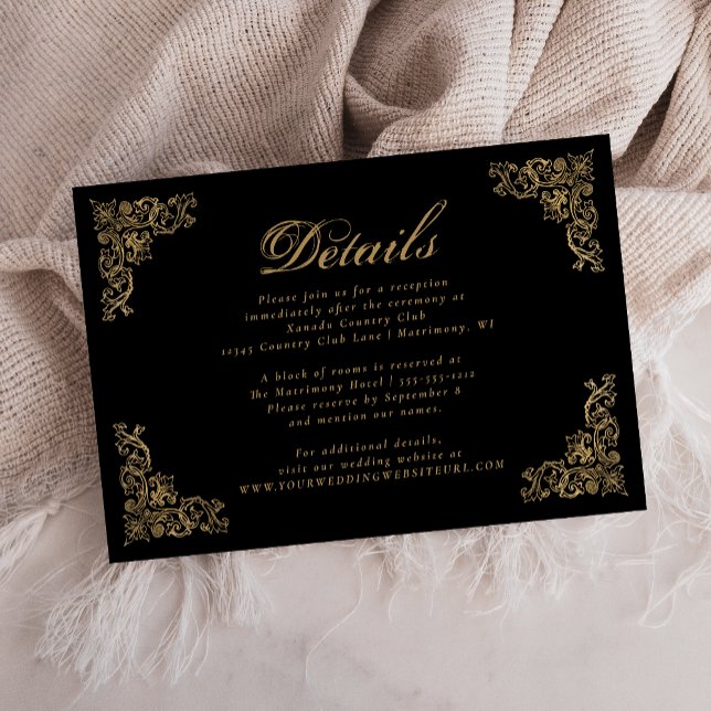 Ornate Corners Black Gold Wedding Details Enclosure Card (Creator Uploaded)