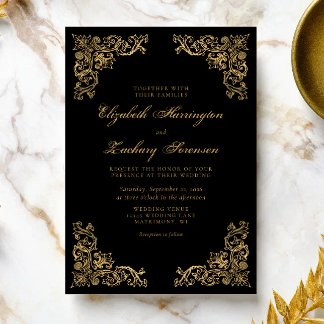 Ornate Corners Black Gold Wedding Invitation | Zazzle