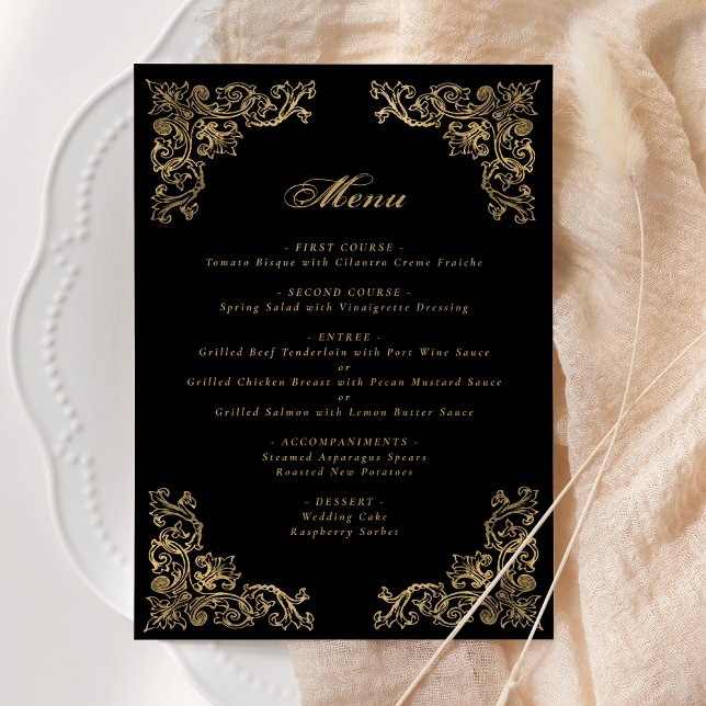 Ornate Corners Black Gold Wedding Menu (Creator Uploaded)