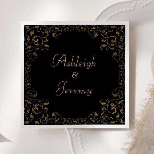 Ornate Corners Black Gold Wedding Napkins