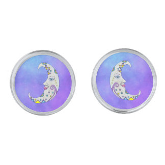 Ornate Crescent Moon Face Abstract Markings Purple Cufflinks