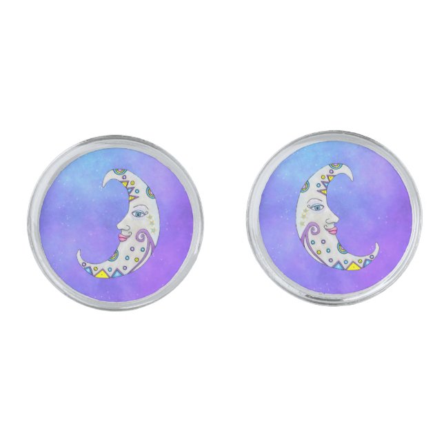 Ornate Crescent Moon Face Abstract Markings Purple Cufflinks (Front)