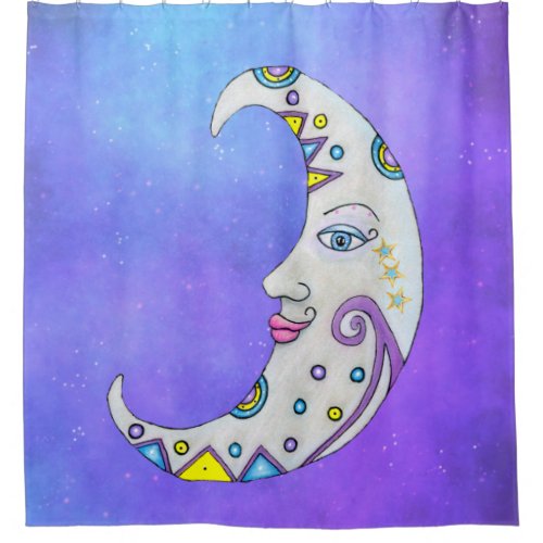 Ornate Crescent Moon Face Colorful Abstract Shapes Shower Curtain
