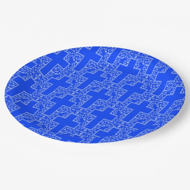 Ornate Cross 8 Blue-PAPER PARTY PLATES (Angled)