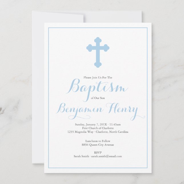 Ornate Cross Blue Boy Baptism Christening Invitation (Front)