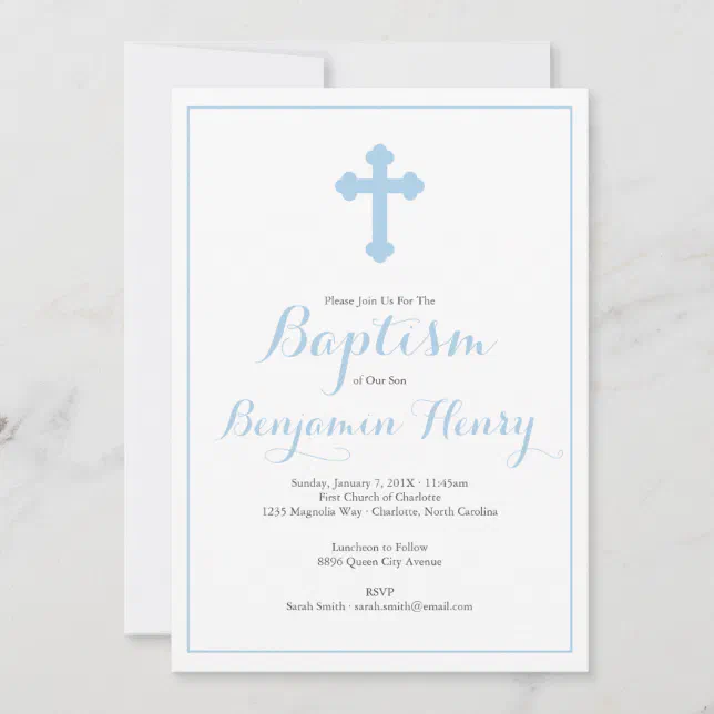 Ornate Cross Blue Boy Baptism Christening Invitation | Zazzle