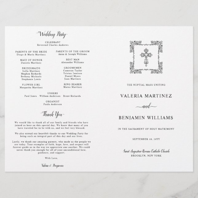 Ornate Cross Catholic Wedding Program Full Mass (Front)
