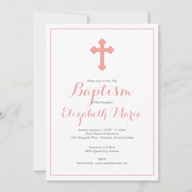 Ornate Cross Pink Girl Baptism Christening Invitation (Front)