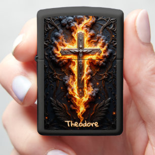 Ornate Crucifix and Fire Emblem Zippo Lighter