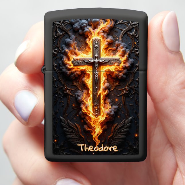 Ornate Crucifix and Fire Emblem Zippo Lighter (In Hand)