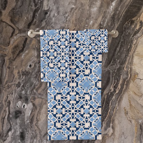Ornate Damask Classic Moroccan Blue And White Bath Towel Set