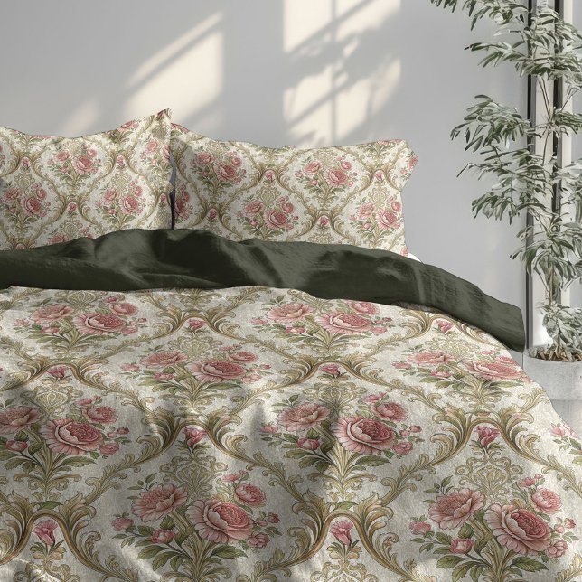 Ornate Damask Lux Victorian Pastel Pink sage green Duvet Cover (Ornate Damask Lux Victorian Pastel Pink sage green Duvet Cover)