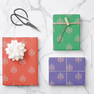 Ornate Damask Pattern in Orange, Purple & Green Wrapping Paper Sheets