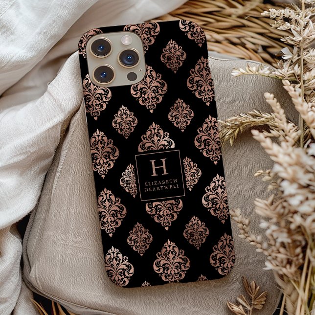 Ornate Damask Pattern Monogram Rose Gold Black Case-Mate iPhone Case (Creator Uploaded)