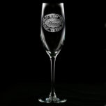 Ornate Damask Personalized Champagne Flute<br><div class="desc">Featuring an ornate damask border pattern,  these glasses are an attractive gift for men,  women,  bridesmaids,  groomsmen,  friends,  or family. Our master glass carvers will carve away the background panel from the glass,  leaving the lettering and design features raised from the surface in a lovely,  three dimensional manner.</div>