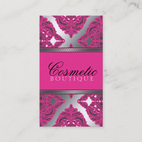 Ornate Damask Pink, Black, Silver Business Card