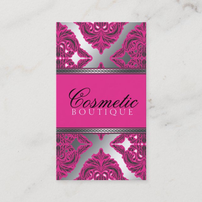 Ornate Damask Pink, Black, Silver Business Card (Front)