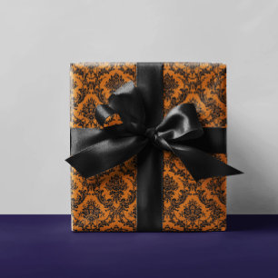 Ornate Damask Vintage Pattern Orange Halloween Wrapping Paper