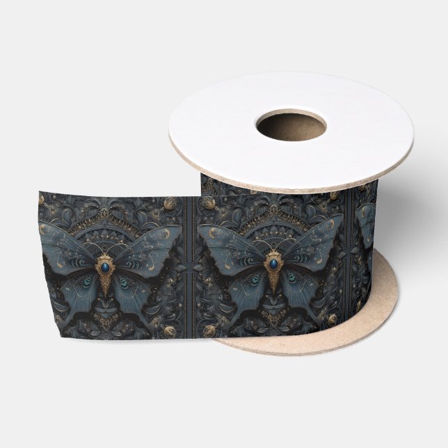 Ornate Dark Blue Butterfly with Gold Filigree  Satin Ribbon (Spool)