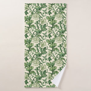 Ornate dark green acanthus leaves pattern bath towel set