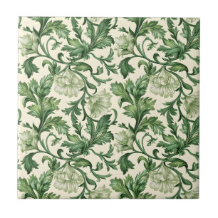 Ornate dark green acanthus leaves pattern ceramic tile