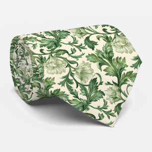 Ornate dark green acanthus leaves pattern neck tie