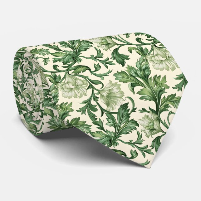 Ornate dark green acanthus leaves pattern neck tie (Rolled)