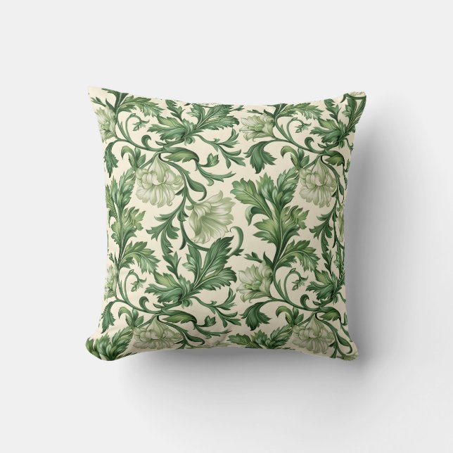 Ornate dark green acanthus leaves pattern throw pillow (Front)